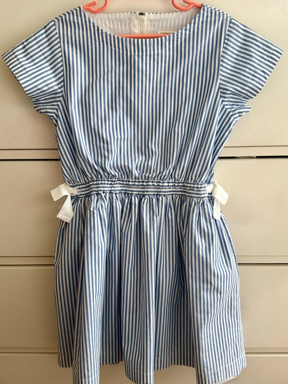 Crewcuts Blue and White Striped Girls' Cotton Dress with Side Bows